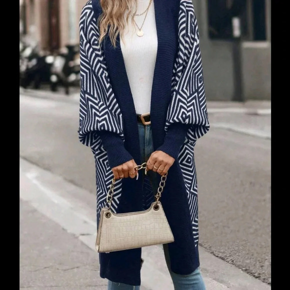 Geometric Pattern Casual Long Sleeve Cardigan, - Picture 2 of 5